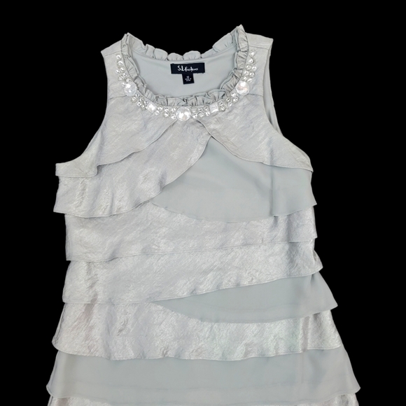 S. L. Fashions Shiny Silver and Grey Tiered Beaded Cocktail Dress Size 12 - Picture 3 of 5